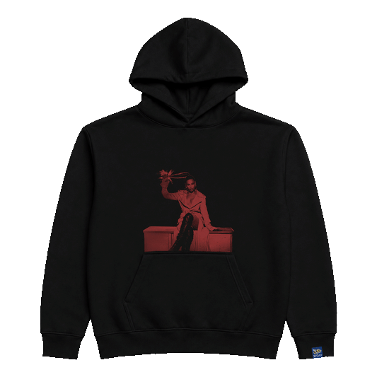 Beyoncé B'DAY Ring The Alarm hoodie in black, red toned photo print of Beyoncé seated, front
