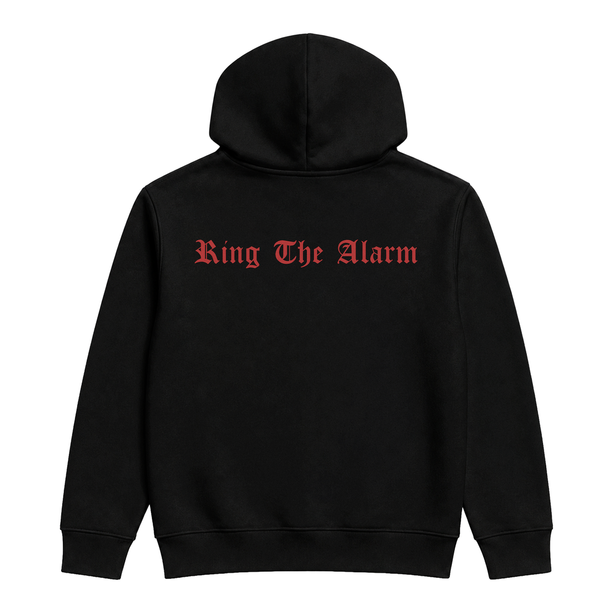 B'DAY black Ring The Alarm hoodie, Ring The Alarm gothic script printed in red on the back
