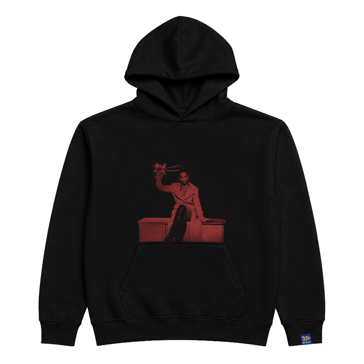 B'DAY black Ring The Alarm pullover hoodie, front view of the red toned photo print