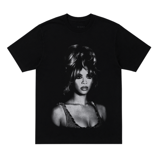 Beyoncé B'DAY Sophomore t-shirt in black, front black and white portrait photo print