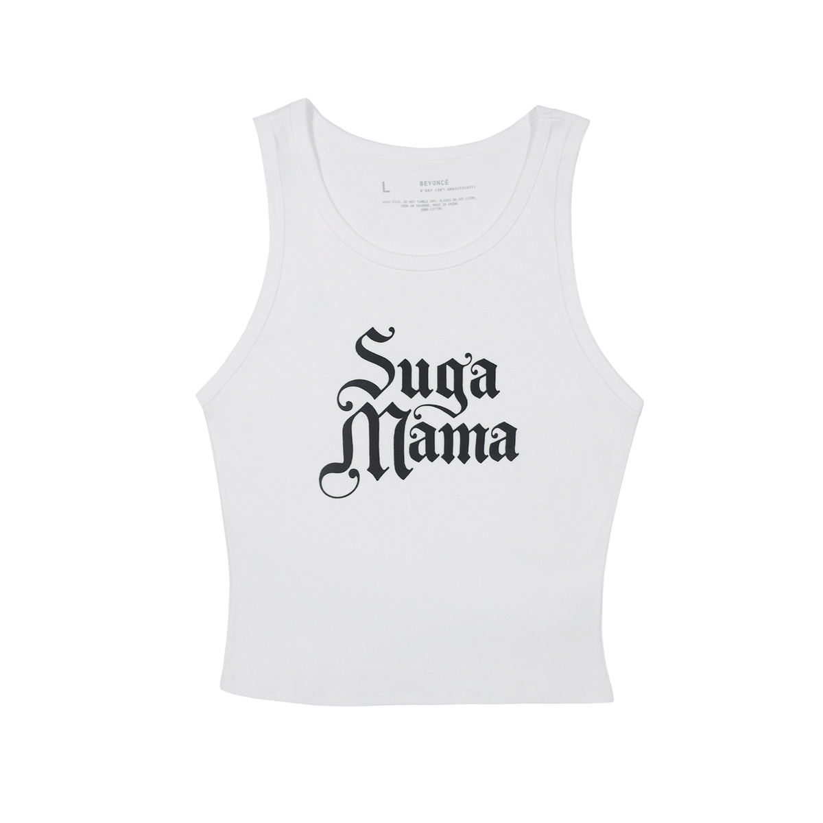 Beyoncé B'DAY Suga Mama cropped tank in white, ribbed sleeveless tank with gothic Suga Mama print