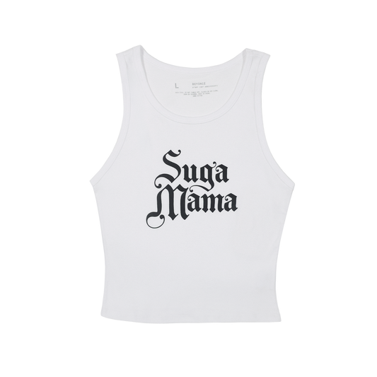 Beyoncé B'DAY Suga Mama cropped tank in white, ribbed sleeveless tank with gothic Suga Mama print