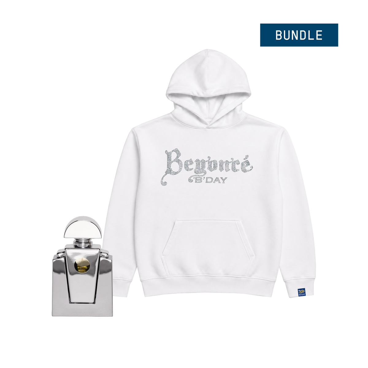 Beyoncé Upgrade bundle, white B'DAY pullover hoodie paired with the silver Cé Noir eau de parfum bottle